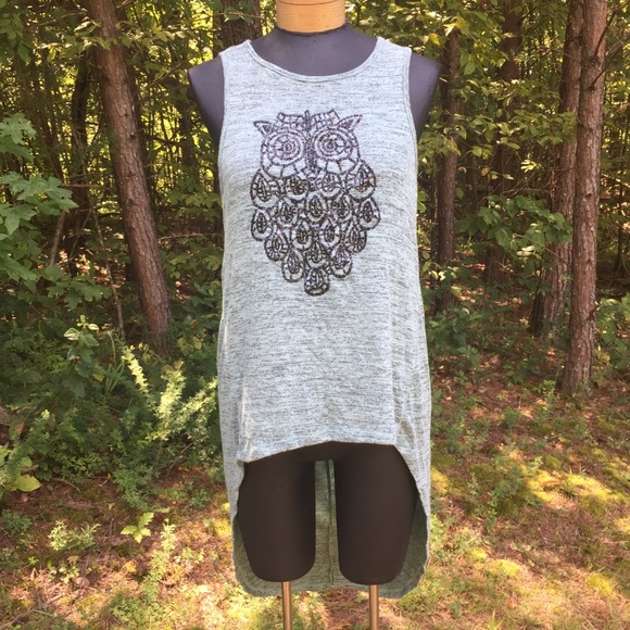 Owl High Low Shirt M Sleeveless Aqua Gray Heather - Picture 2 of 11